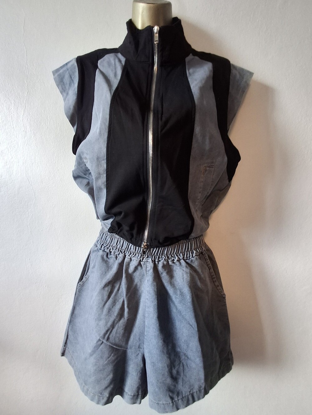 Mango Black and Denim Sleeveless Zip-Front Two Piece Set